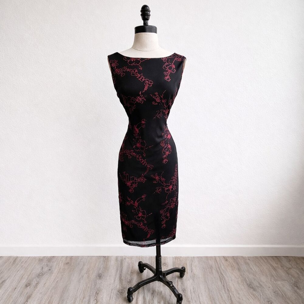 Vintage Y2K Dress Alyn Paige Black Red Floral Made in USA Bodycon Midi Formal